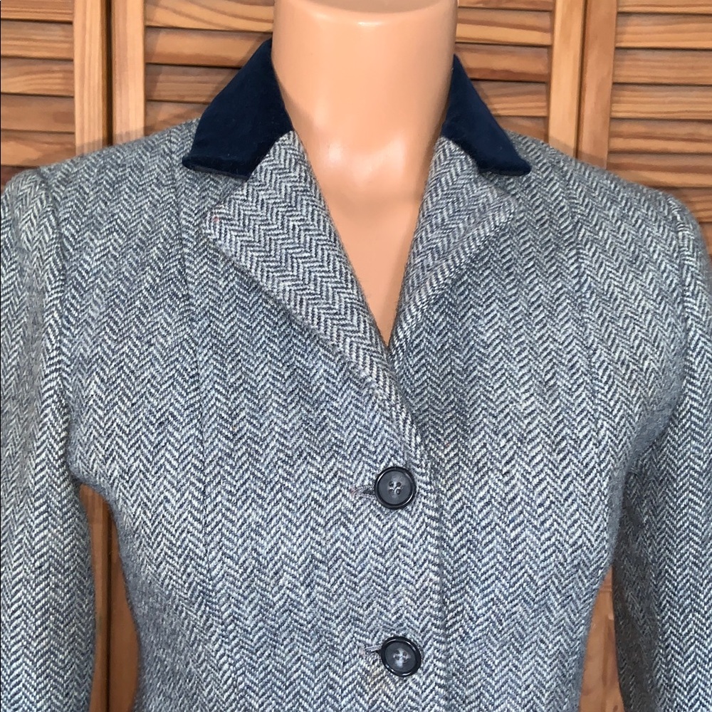 Women's Gray Herringbone Blazer with Navy Collar - Picture 2 of 13